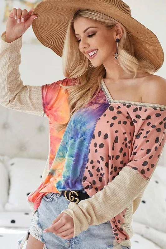 BiBi Print Block V Neck Top with Contrast Stitching | Tops Daverri Fashions