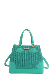 EMERALD OS Monogram Pattern Handbag with Rhinestones Decor | Handbags Daverri Fashions