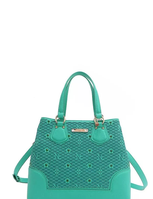 EMERALD OS Monogram Pattern Handbag with Rhinestones Decor | Handbags Daverri Fashions