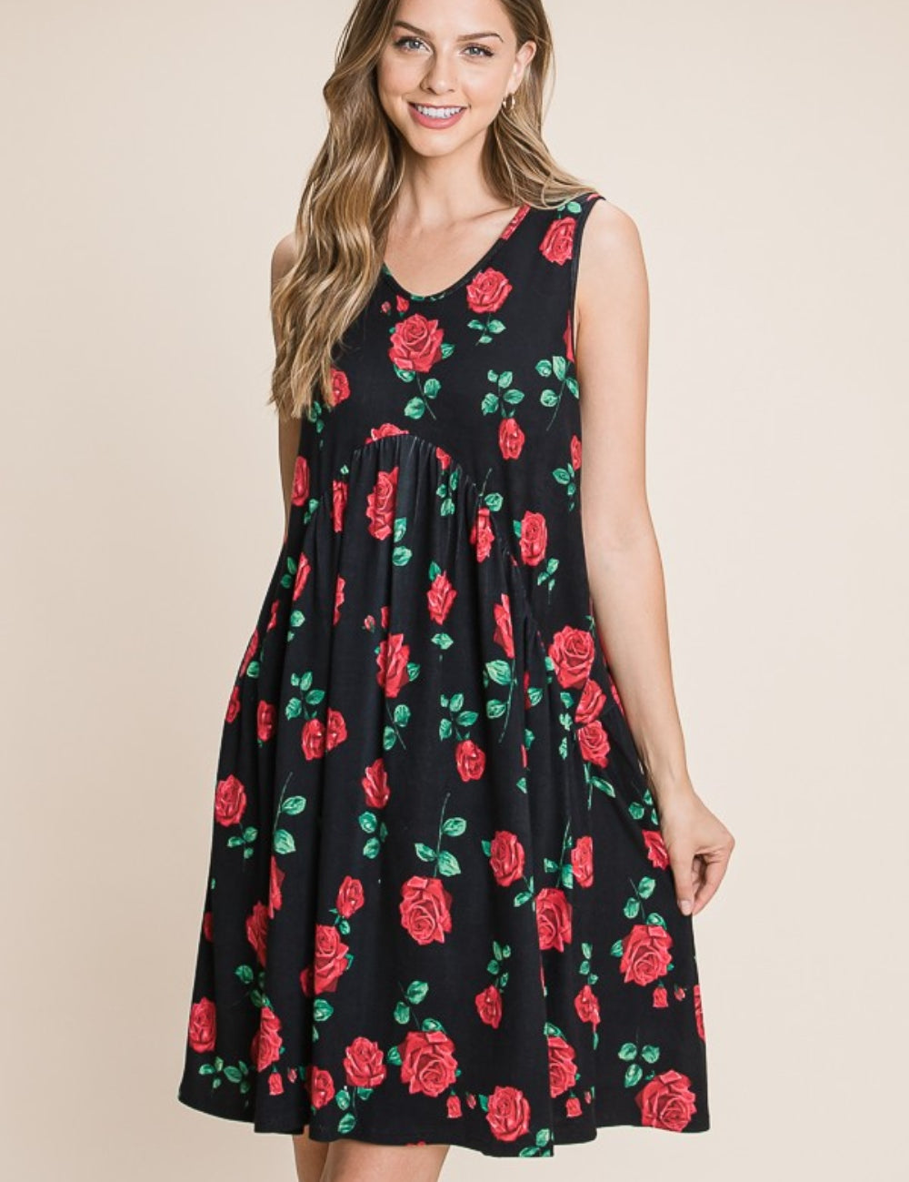 Black BOMBOM Floral Ruched Tank Dress | Daverri Fashions