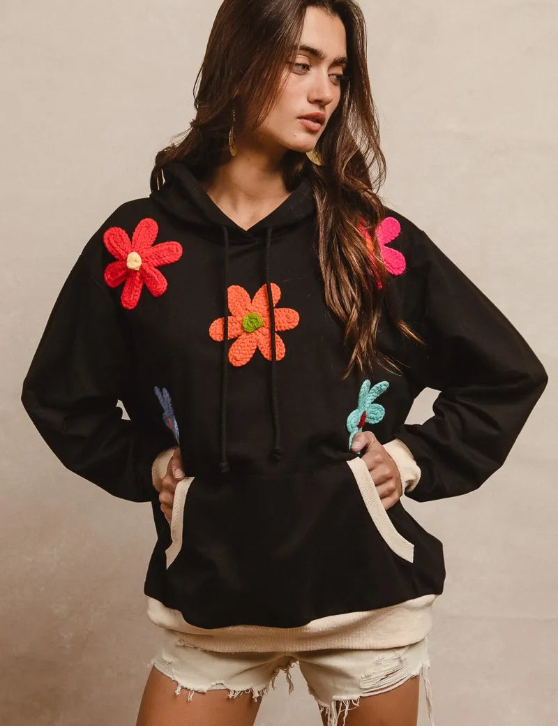 BLACK L BiBi Patched Hoodie Top | Hoodies Daverri Fashions