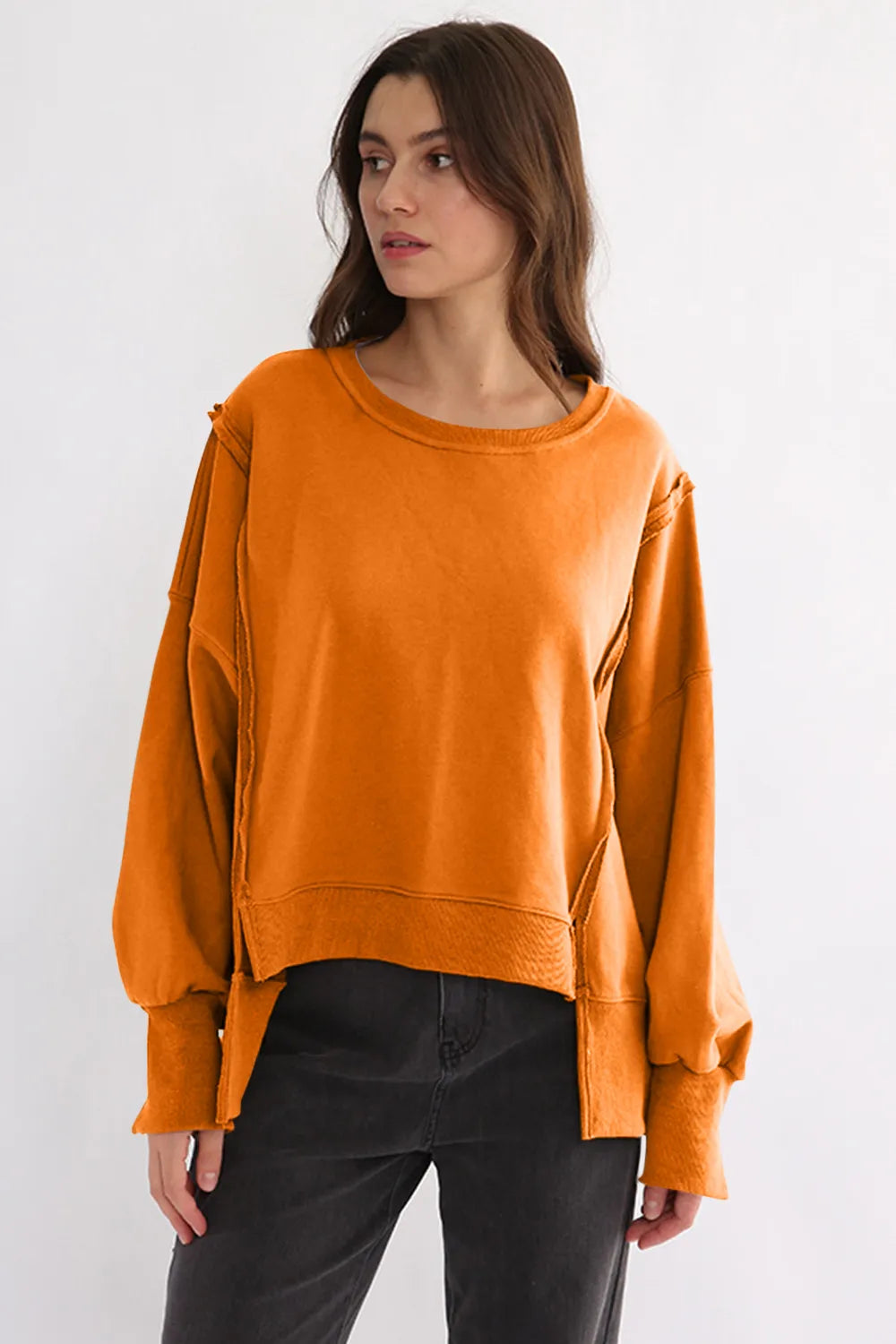 Exposed Seam High-Low Long Sleeve Sweatshirt | Daverri Fashions