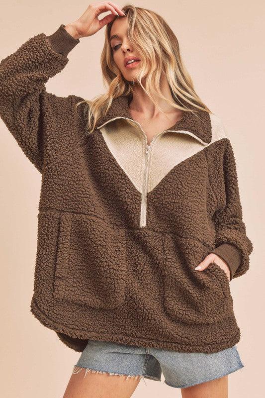 Aemi+Co Oversized Side Pockets Half Zip Pullover | Jackets Daverri Fashions