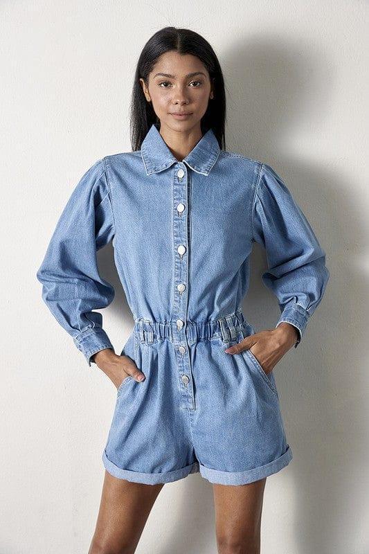 Vintage Long Sleeve Denim Romper | Rompers Daverri Fashions