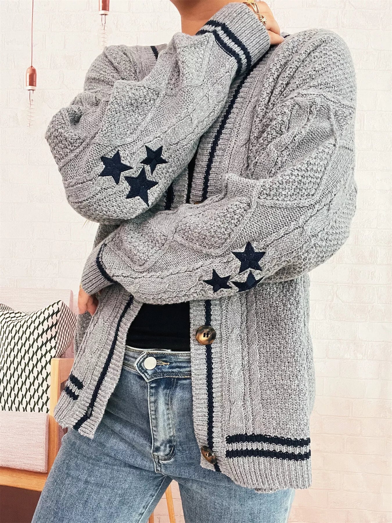 Star Pattern Button-Up Cardigan with Contrast Trim | Cardigans Daverri Fashions