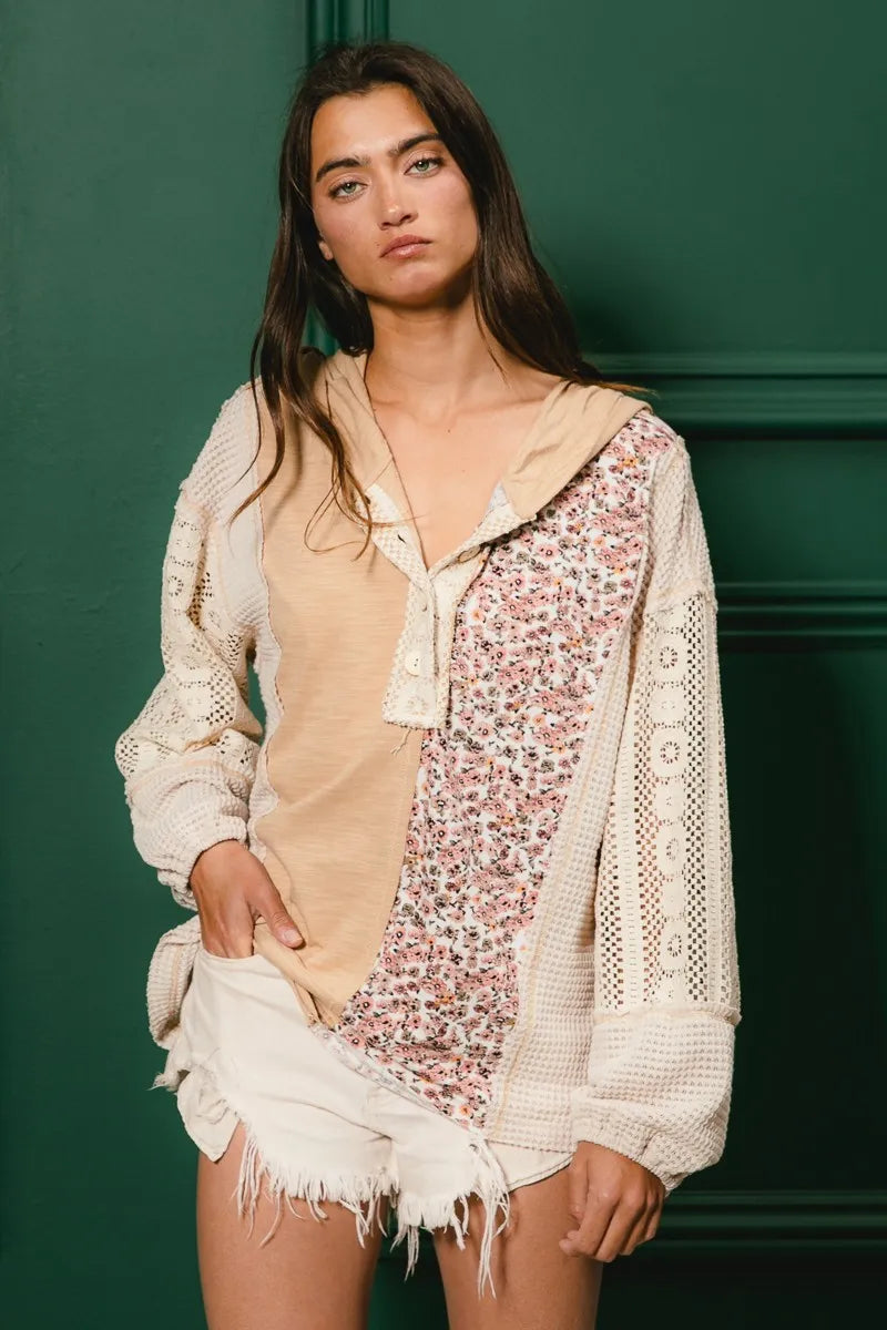 BiBi Slub Jersey with Lace Combo Buttoned Hoodie Top | Hoodies Daverri Fashions