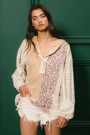 BiBi Slub Jersey with Lace Combo Buttoned Hoodie Top | Hoodies Daverri Fashions