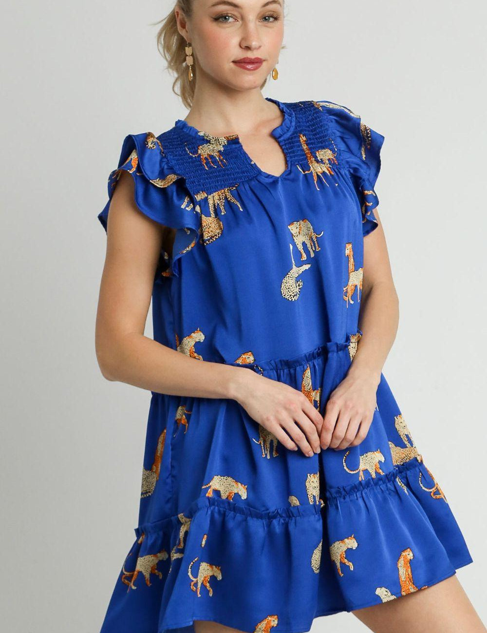 Royal Blue Umgee Cheetah Print Notched Ruffle Layered Cap Sleeve Mini Dress | Mini Dresses Daverri Fashions