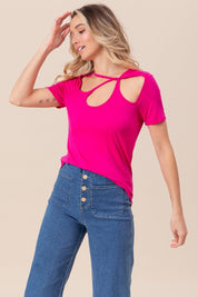 BiBi Cutout Asymmetrical Neck Short Sleeve T-Shirt | T-Shirts Daverri Fashions