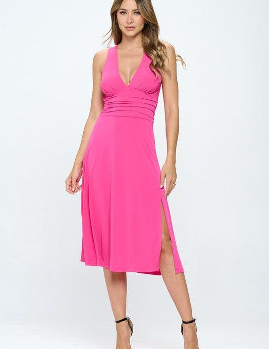 Renee C Deep V Neck Side Slit Lined Dress | Midi Dresses Daverri Fashions