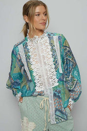 Teal POL Lace Detail Printed Button Down Shirt | Daverri Fashions