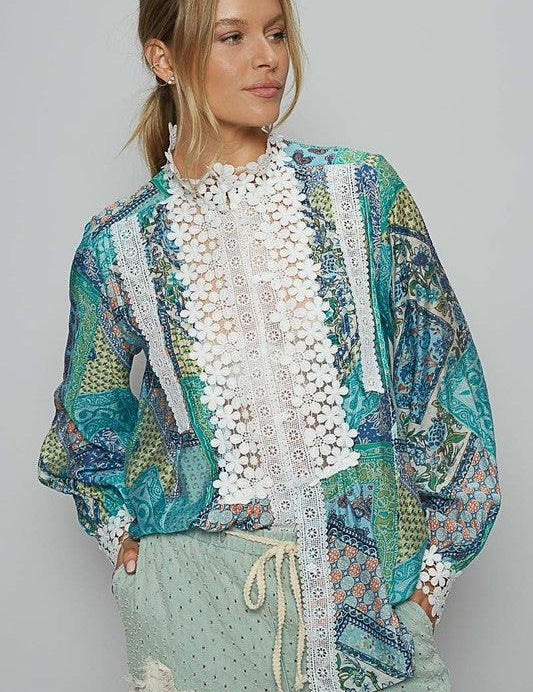 Teal POL Lace Detail Printed Button Down Shirt | Daverri Fashions