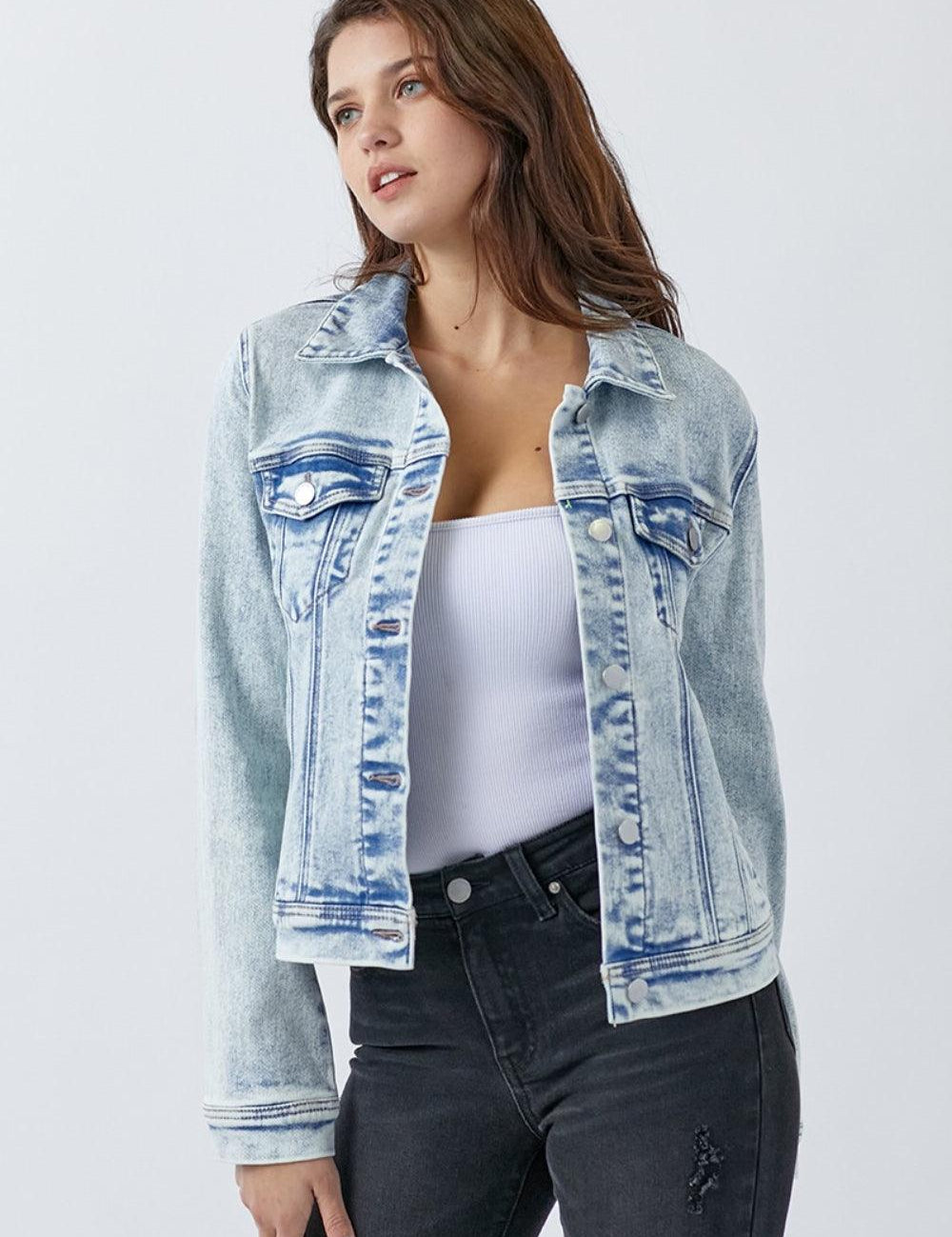 Acid Light S RISEN Button Up Washed Denim Jacket | Daverri Fashions