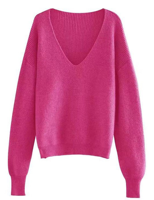 Pink Dropped Shoulder Ribbed Knit V-Neck Sweater | Sweaters Daverri Fashions