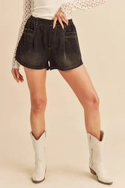 Black Aemi + Co Frayed Hem Elastic Waist Denim Shorts | Daverri Fashions