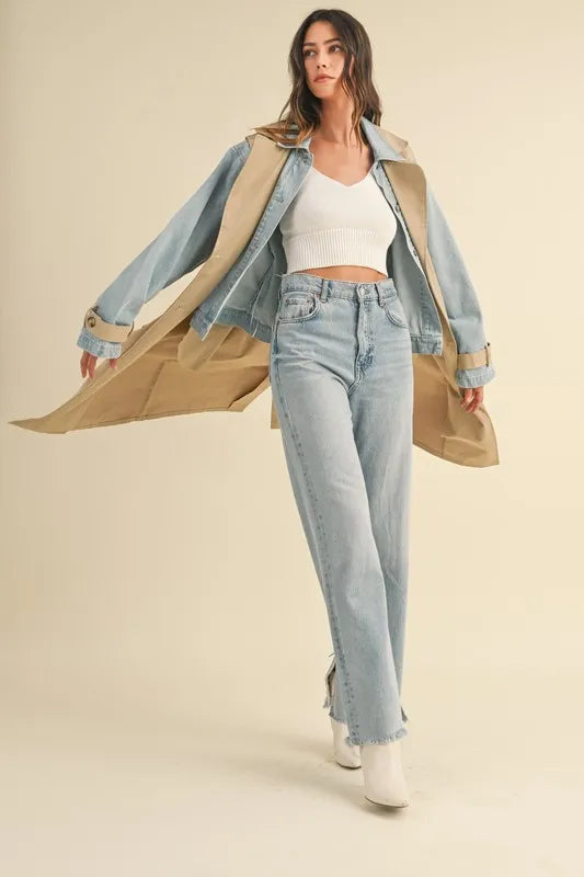 MABLE Layered Look Trench Coat With Denim Jacket | Daverri Fashions