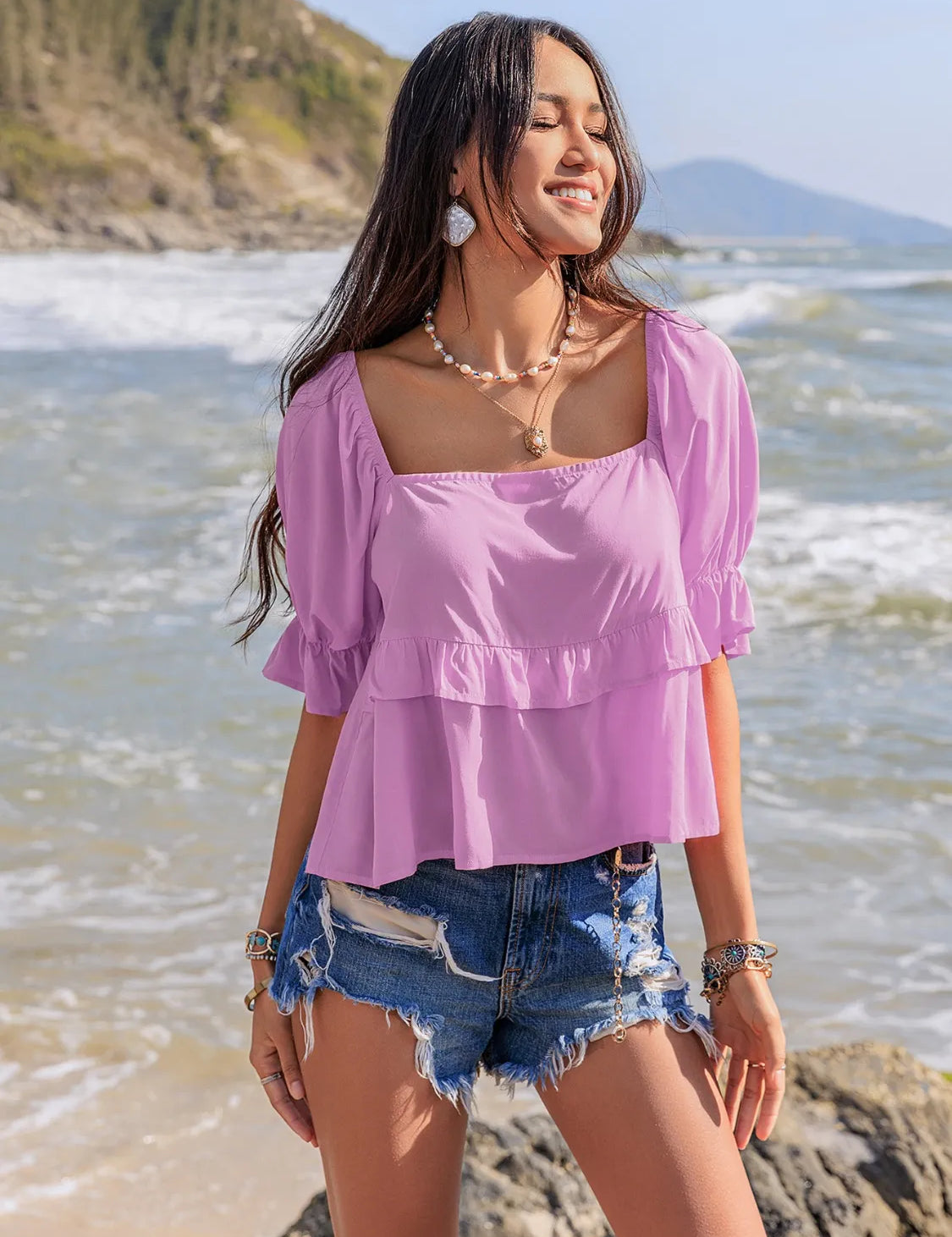 Heliotrope Purple Ruffled Square Neck Half Sleeve Blouse | Blouses Daverri Fashions