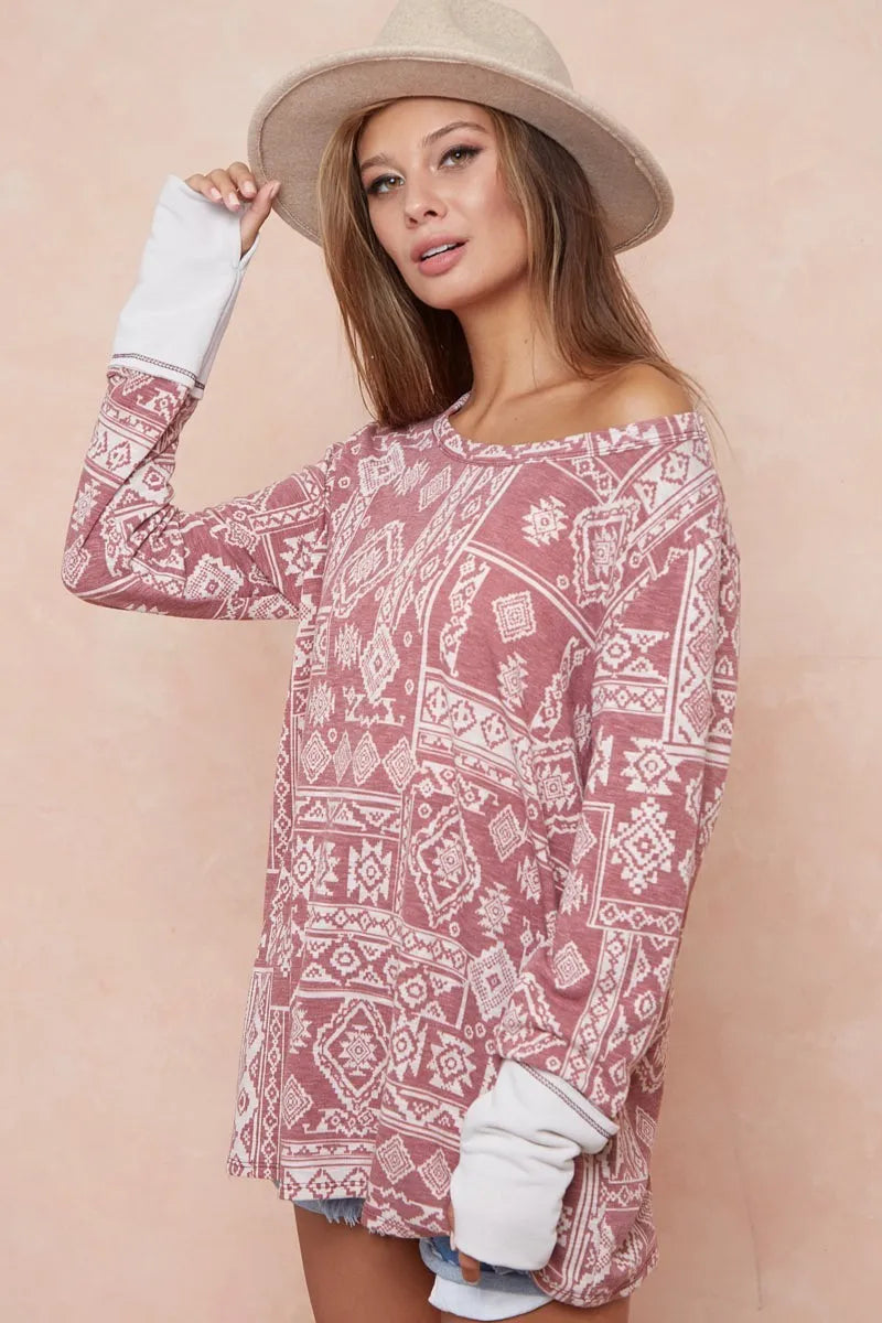 BiBi Aztec Print French Terry Top with Thumb Opening | Tops Daverri Fashions