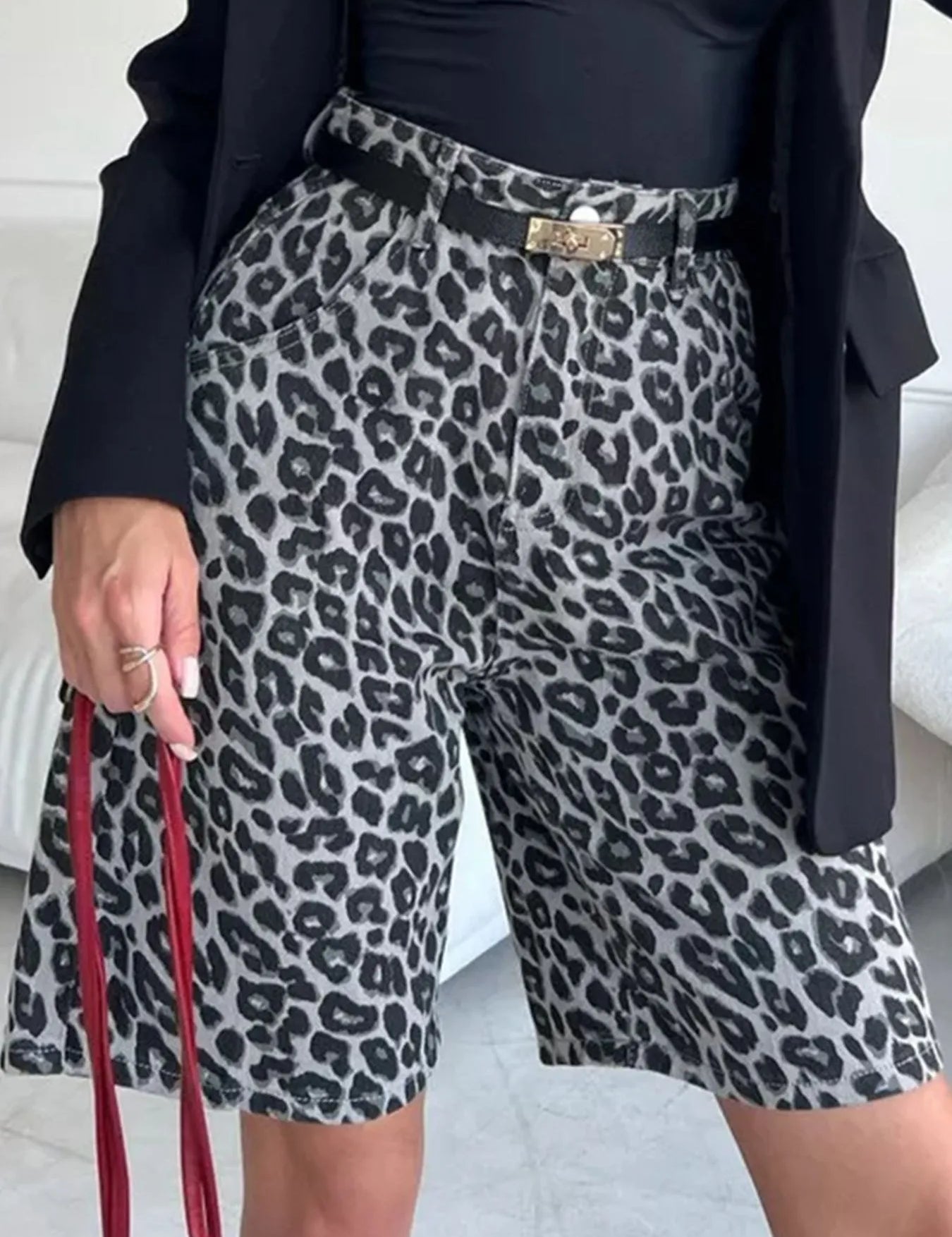 Leopard Print High-Waisted Denim Shorts | Shorts Daverri Fashions