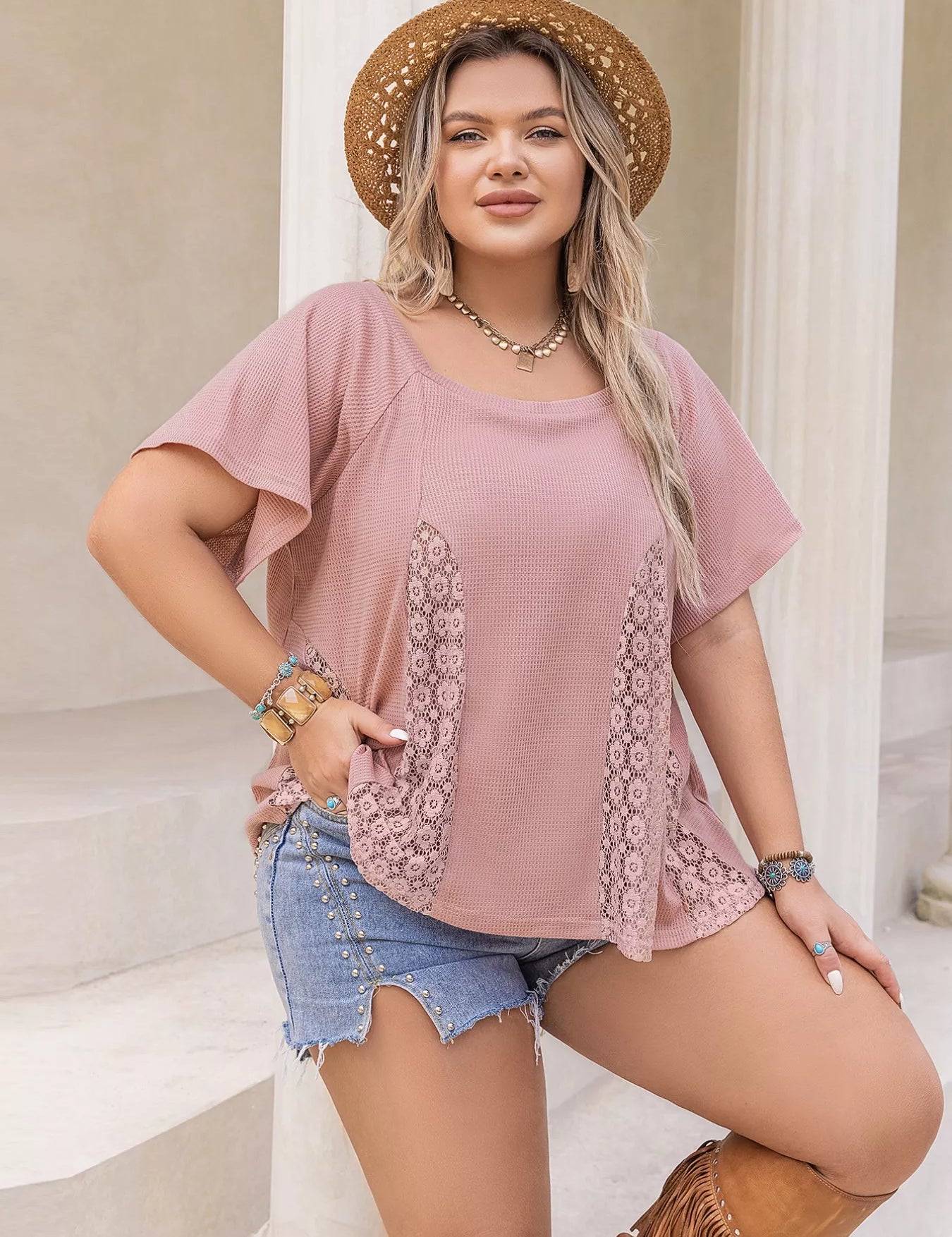 Plus Size Lace Detail Round Neck Short Sleeve T-Shirt | T-Shirts Daverri Fashions