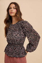 Annie Wear Abstract Print Balloon Sleeve Peplum Blouse | Blouses Daverri Fashions