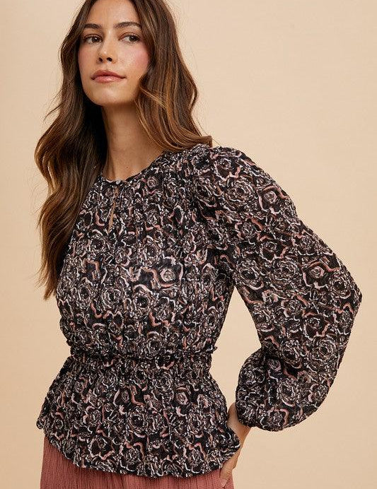 Annie Wear Abstract Print Balloon Sleeve Peplum Blouse | Blouses Daverri Fashions