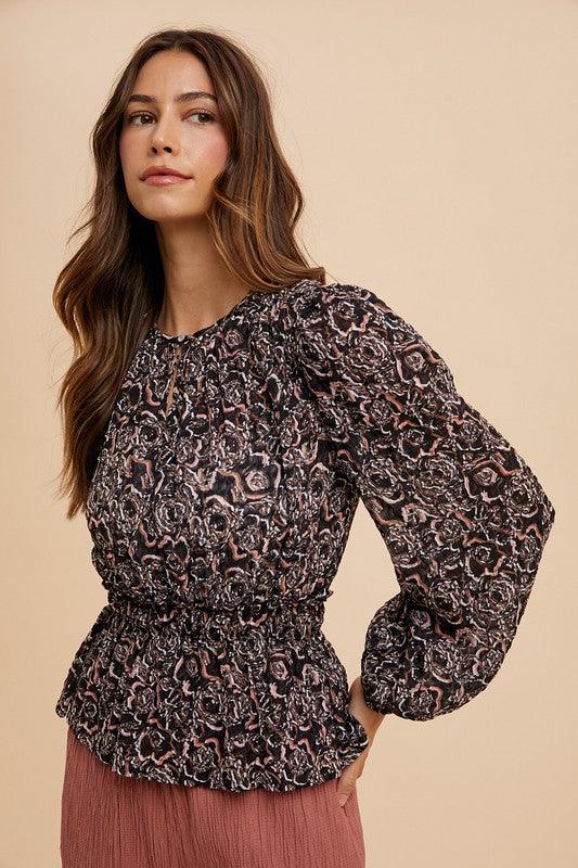 Annie Wear Abstract Print Balloon Sleeve Peplum Blouse | Blouses Daverri Fashions