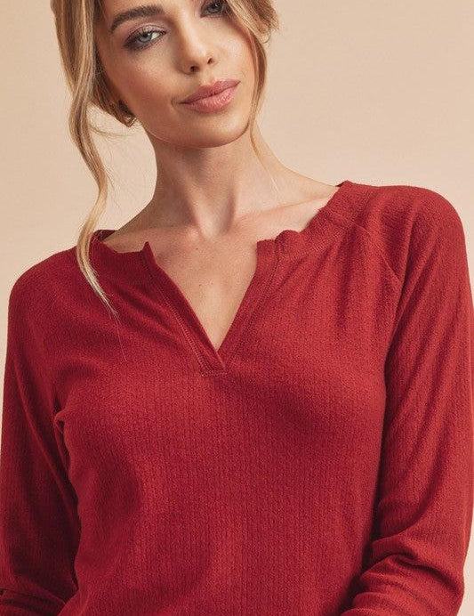 Aemi + Co Notched V-Neck Ribbed Top | Tops Daverri Fashions