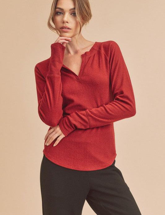 BURGUNDY Aemi + Co Notched V-Neck Ribbed Top | Tops Daverri Fashions