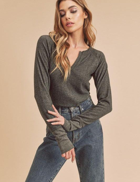 CHARCOAL Aemi + Co Notched V-Neck Ribbed Top | Tops Daverri Fashions