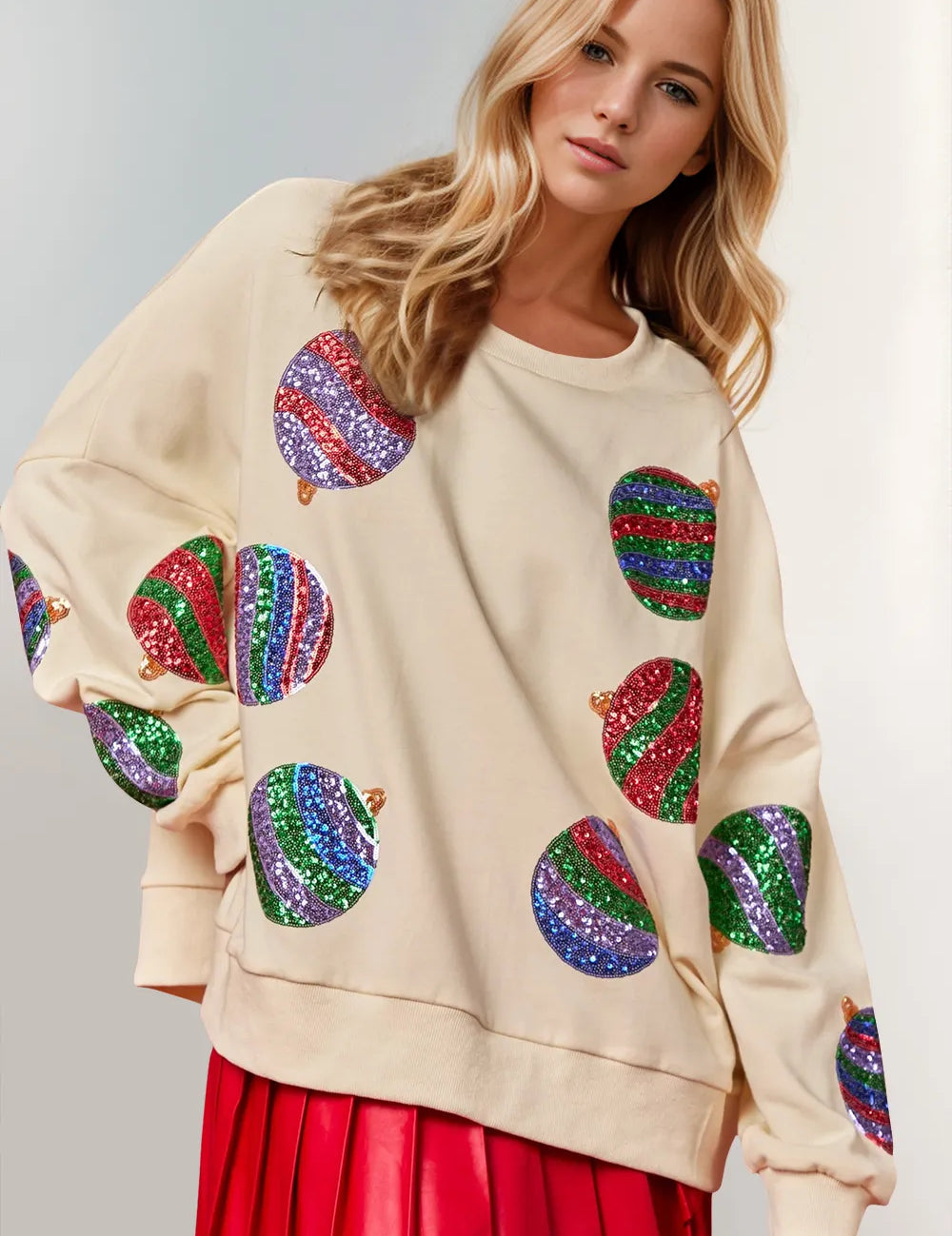 Cream Double Take Christmas Element Sequin Round Neck Long Sleeve Sweatshirt | Daverri Fashions
