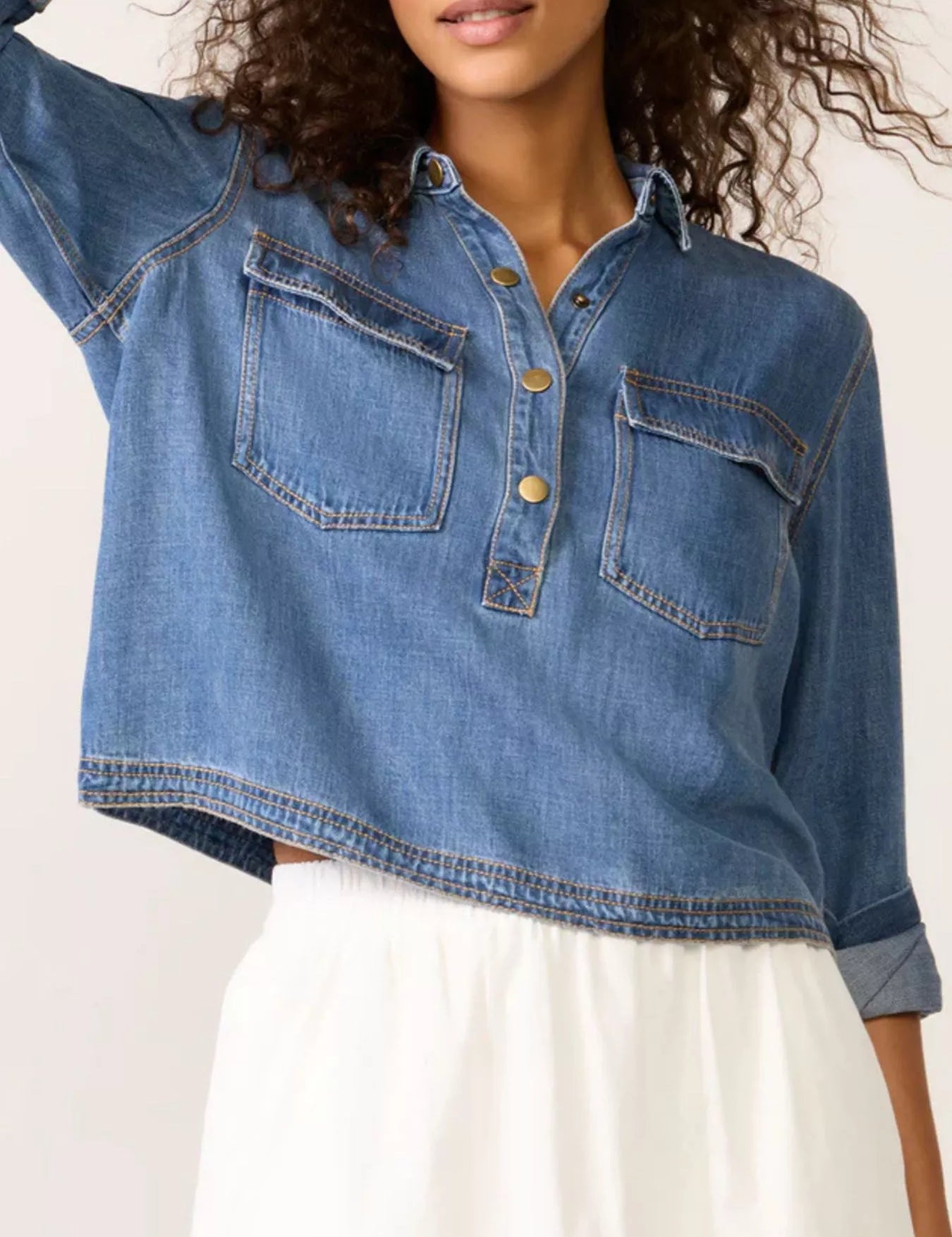 Half Snap Cropped Denim Top | Tops Daverri Fashions