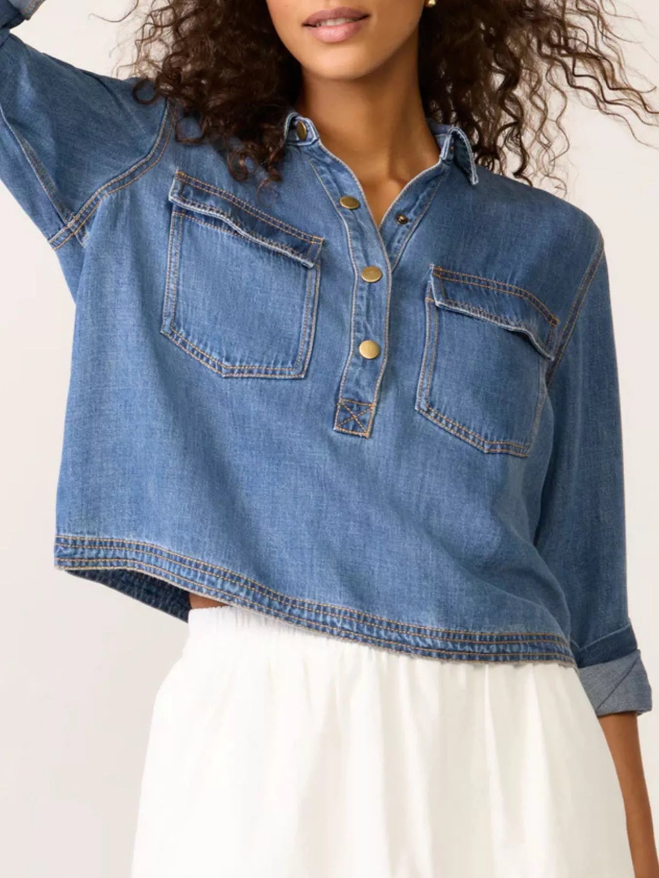 Half Snap Cropped Denim Top | Tops Daverri Fashions
