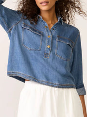 Half Snap Cropped Denim Top | Tops Daverri Fashions