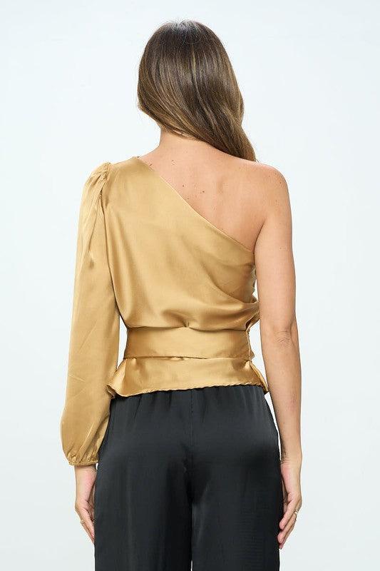 Stretch Satin One Shoulder Formal Top with Tie | Blouses Daverri Fashions