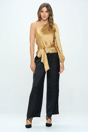 Stretch Satin One Shoulder Formal Top with Tie | Blouses Daverri Fashions