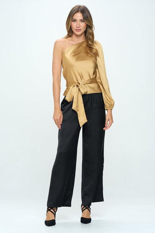 Stretch Satin One Shoulder Formal Top with Tie | Blouses Daverri Fashions