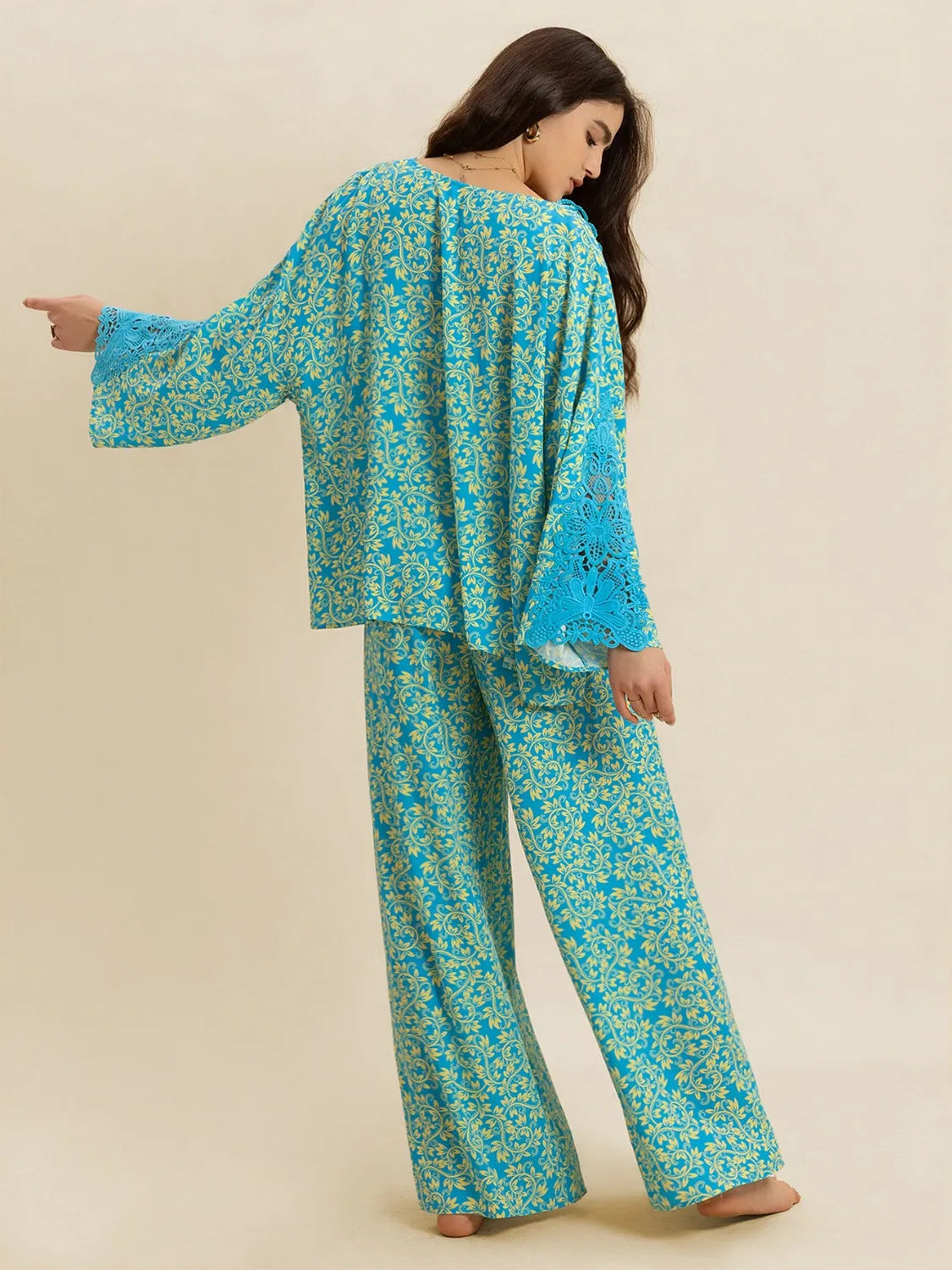 Open Front Printed Top and Pants Set | Loungewear Sets Daverri Fashions