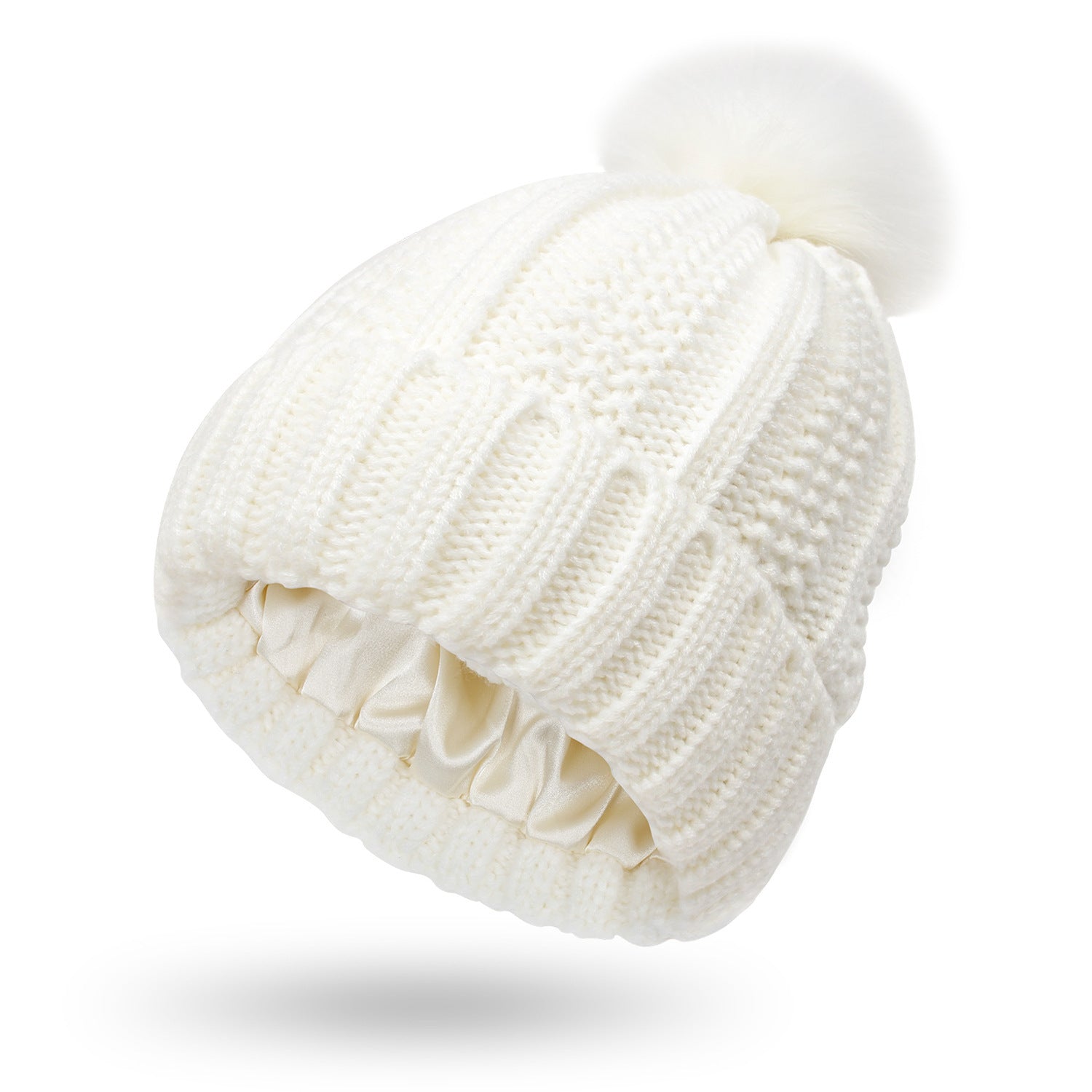 White One size Stretchy Satin-Lined Skull Knit Pom Pom Hat | Hats Daverri Fashions