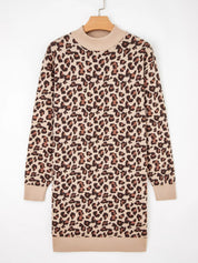 Leopard Print High Neck Shift Mini Sweater Dress | Mini Dresses Daverri Fashions