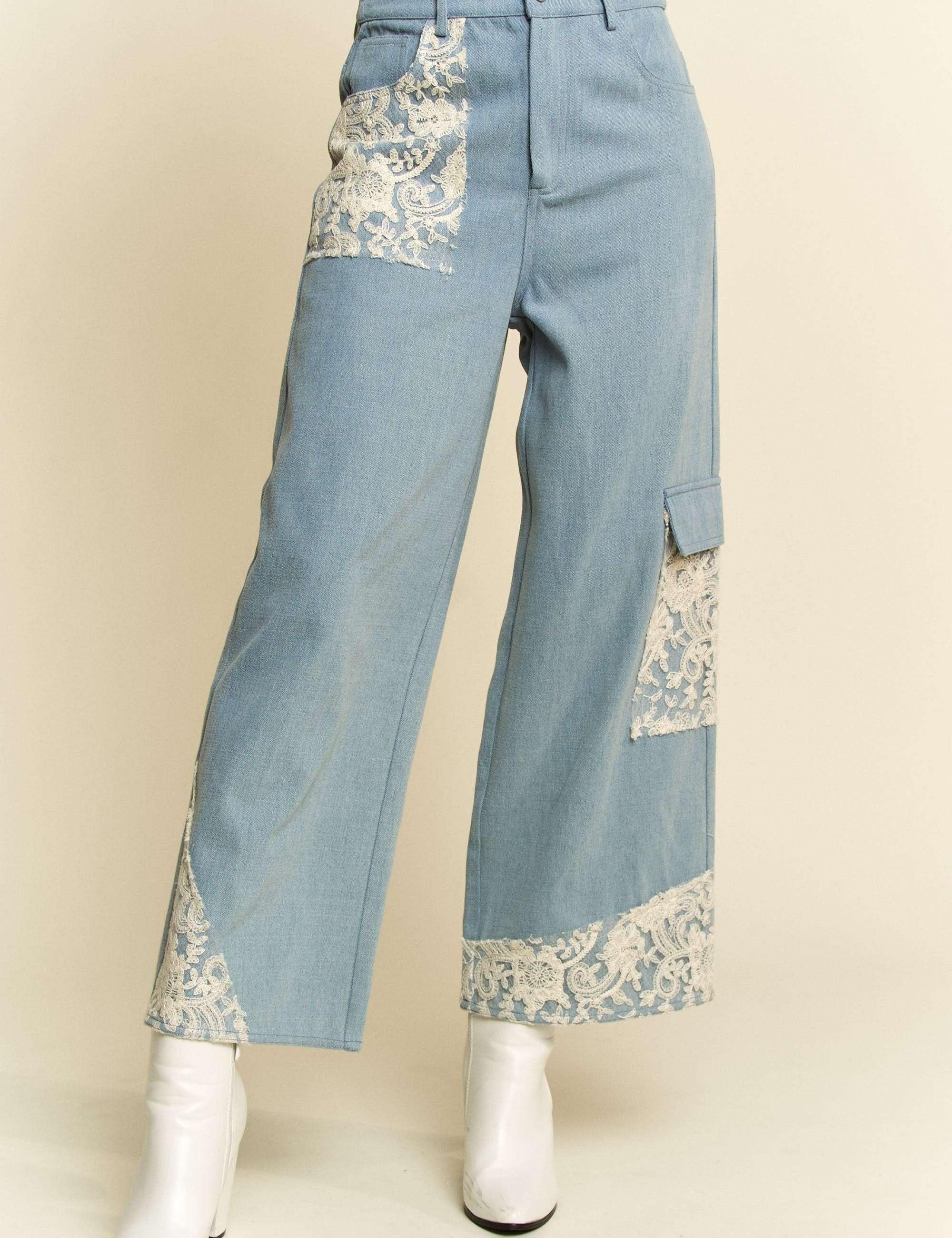 Light L Davi & Dani Lace Applique Wide Leg Jeans | Jeans Daverri Fashions