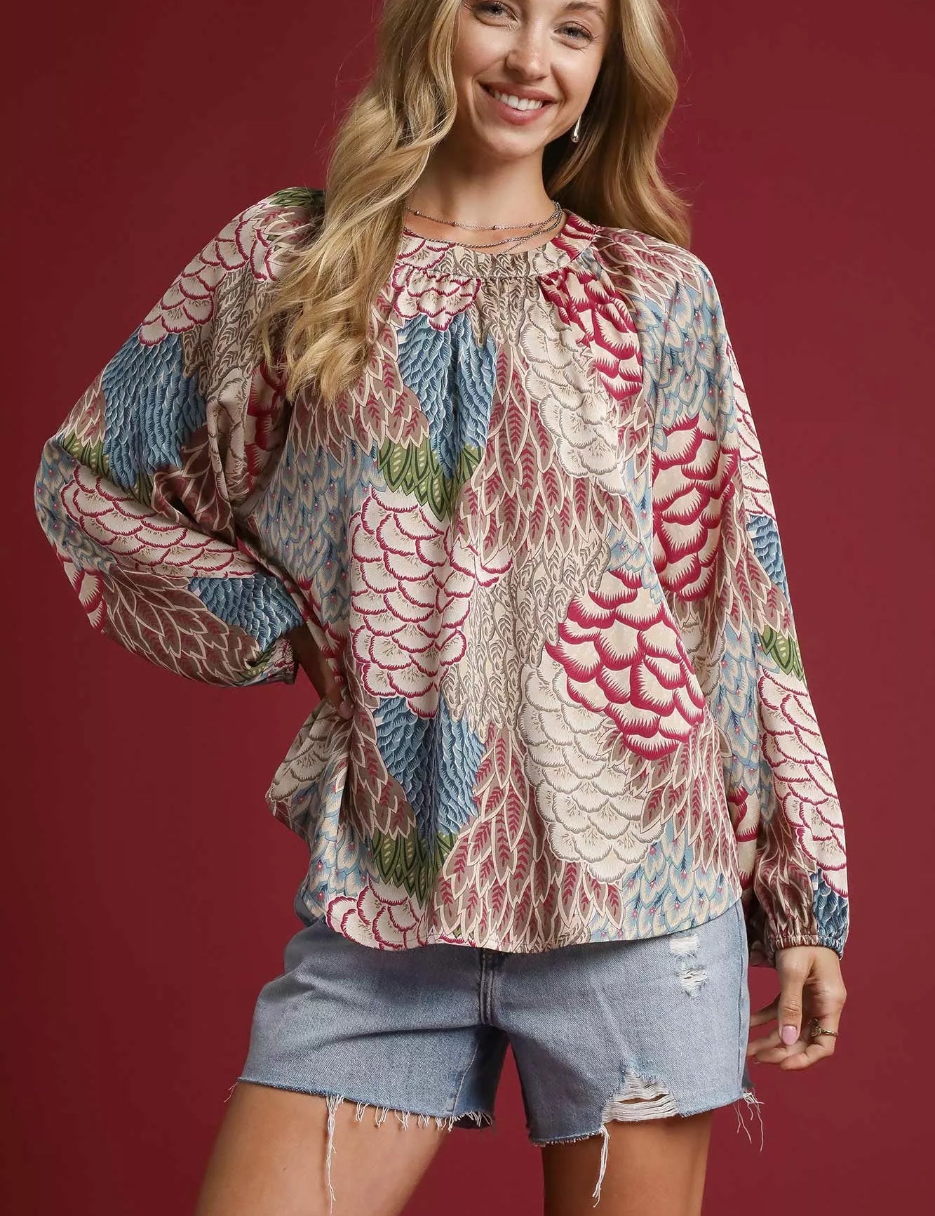 BROWN MIX Umgee Boho Feather Print Peasant Blouse | Blouses Daverri Fashions