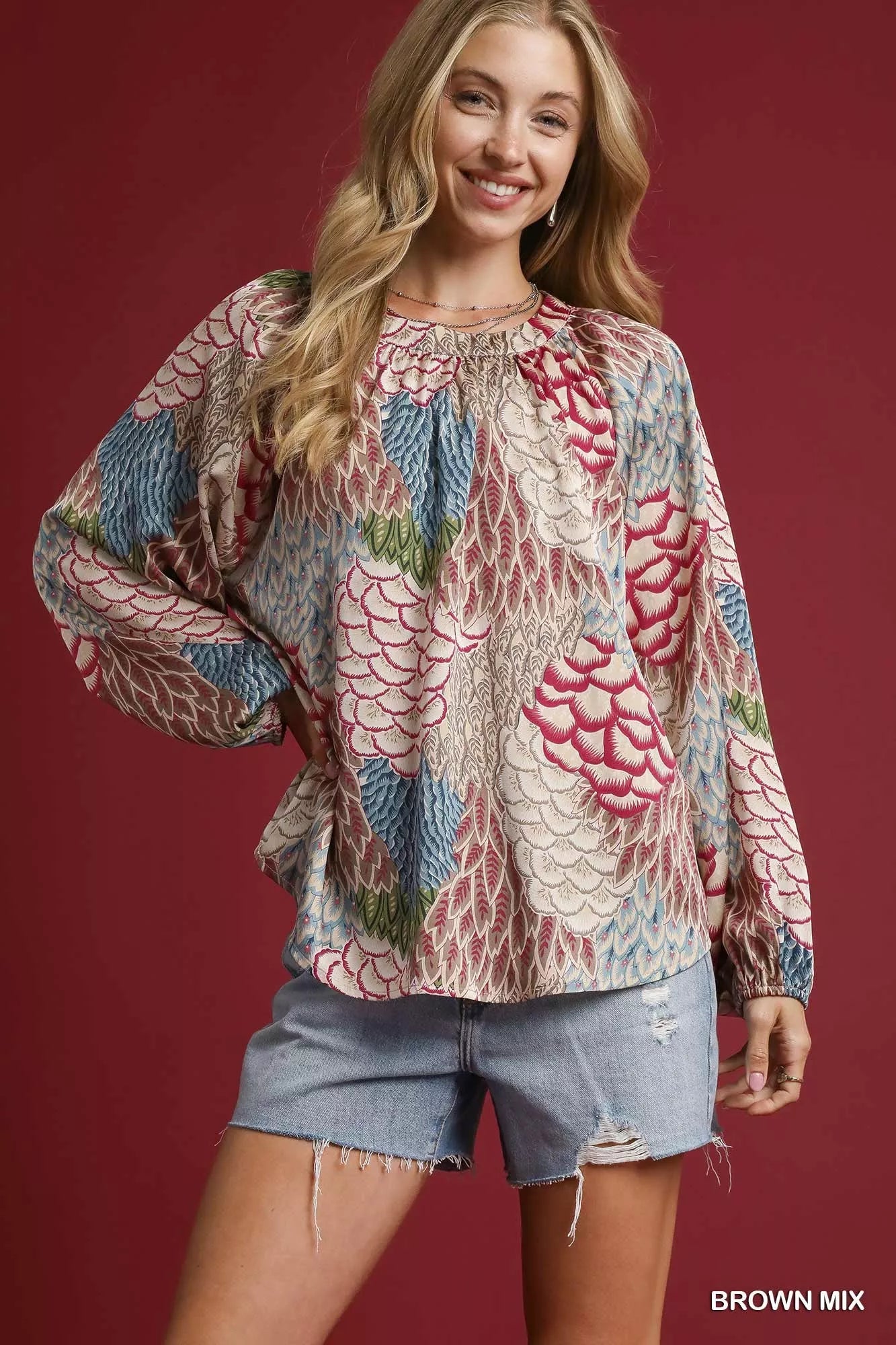 BROWN MIX Umgee Boho Feather Print Peasant Blouse | Blouses Daverri Fashions