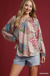 BROWN MIX Umgee Boho Feather Print Peasant Blouse | Blouses Daverri Fashions