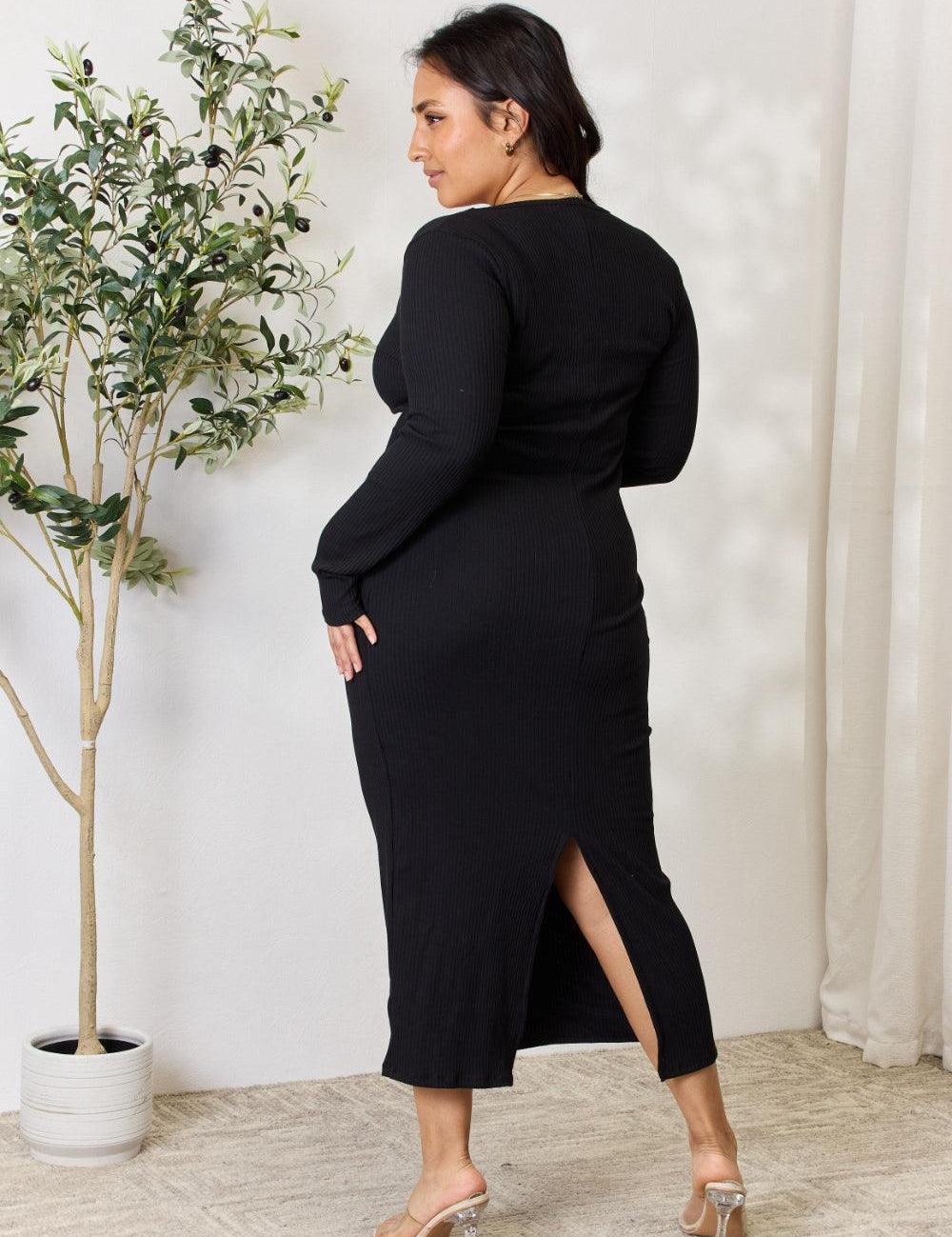 Culture Code Ribbed Long Sleeve Midi Slit Dress | Midi Dresses Daverri Fashions
