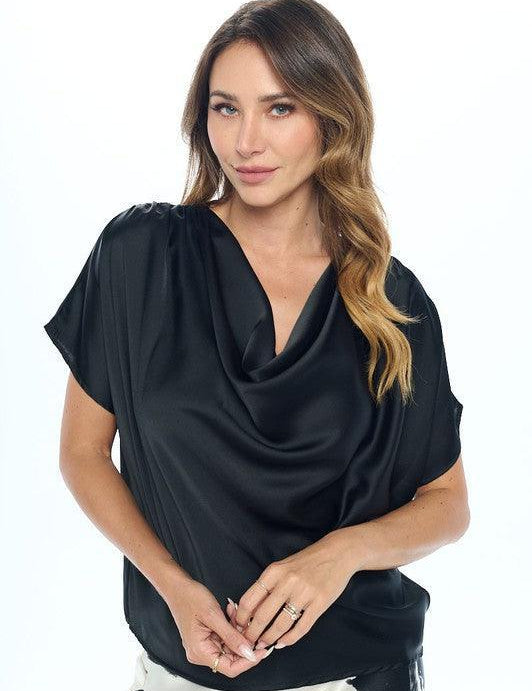 Black Black Satin Cowl Neck Short Sleeve Top | Shirts & Tops Daverri Fashions