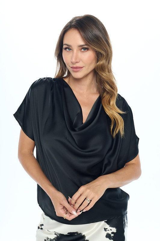 Black Black Satin Cowl Neck Short Sleeve Top | Shirts & Tops Daverri Fashions