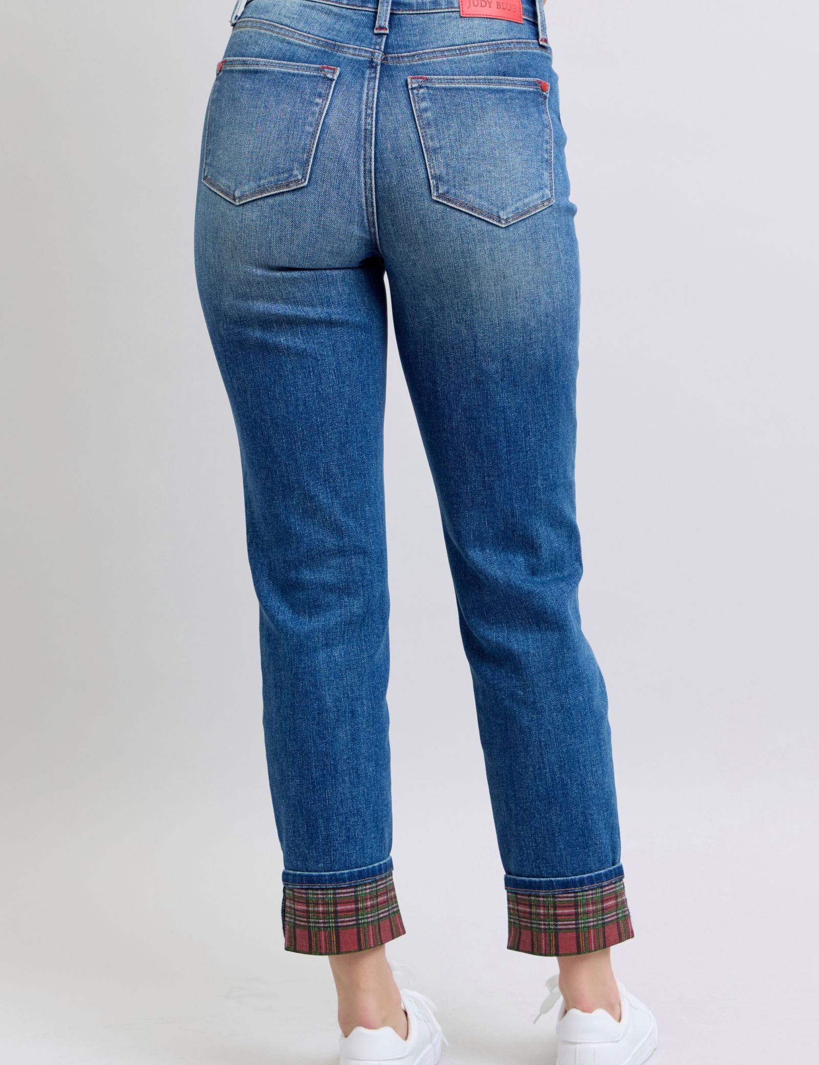 Judy Blue Full Size Plaid Print Cuff Straight Leg Jeans with Pockets | Daverri Fashions