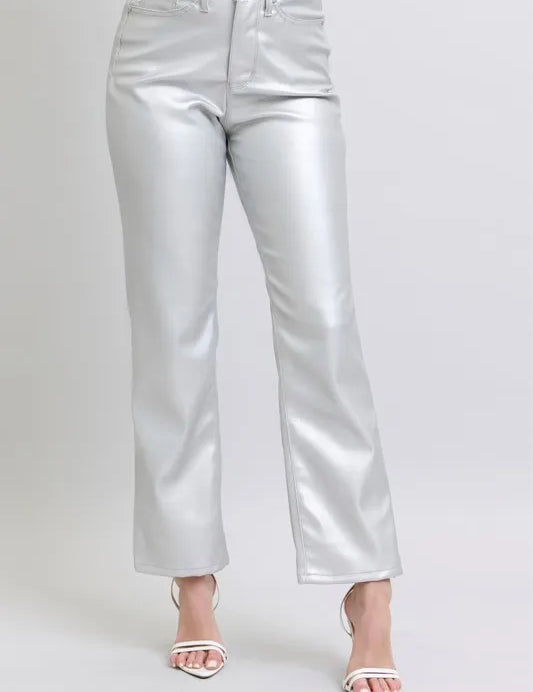 METALLIC SILVER Judy Blue Full Size High Waist Silver Faux Leather Pants Plus Size | Pants Daverri Fashions