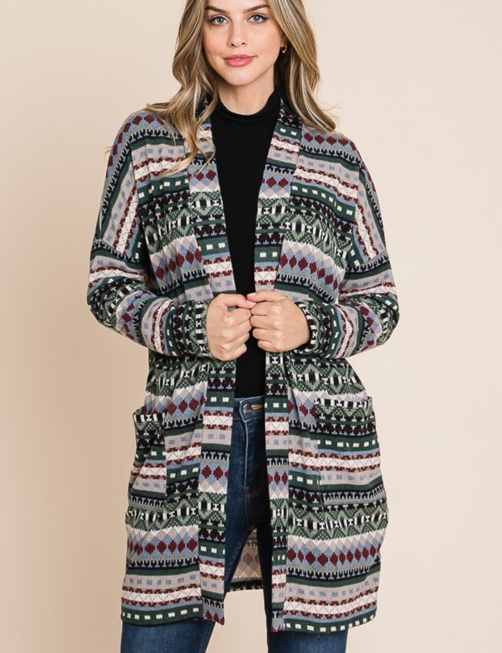 Green BOMBOM Geometric Open Front Long Sleeve Cardigan with Pockets | Daverri Fashions